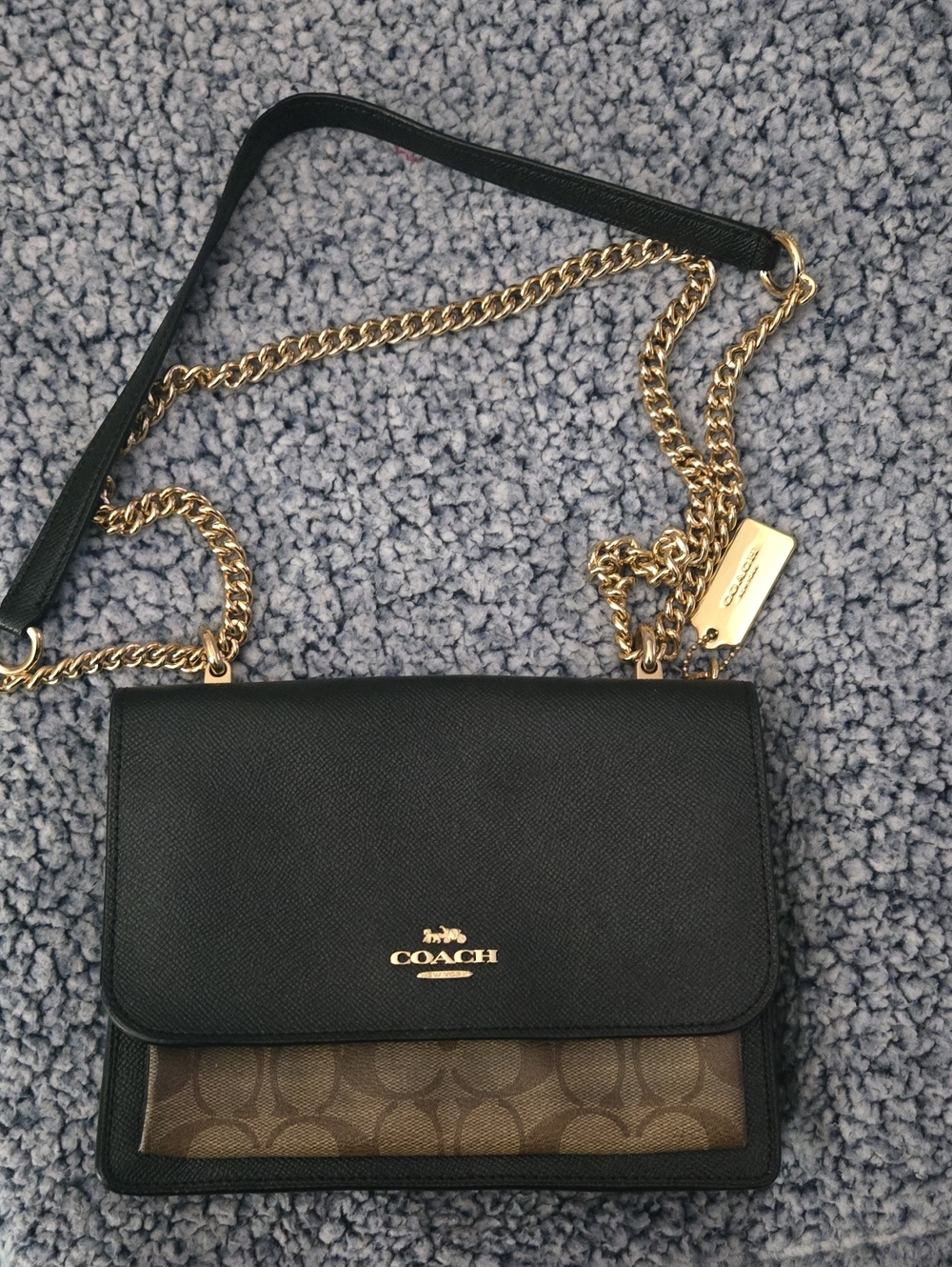 COACH Black and Brown Logo Patch Crossbody with Gold Chain